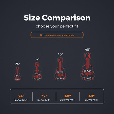 Texas Country Guitar LED Neon Sign size guide for live music neon signs