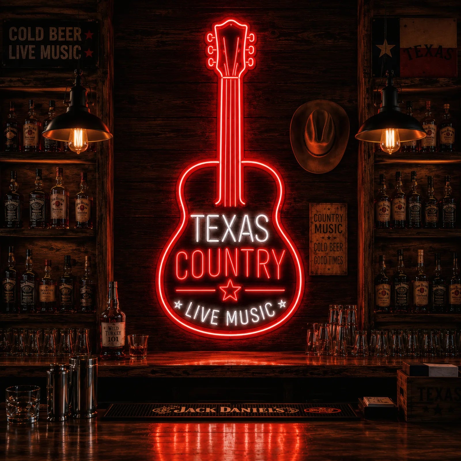 Texas Country Music Guitar LED Neon Sign