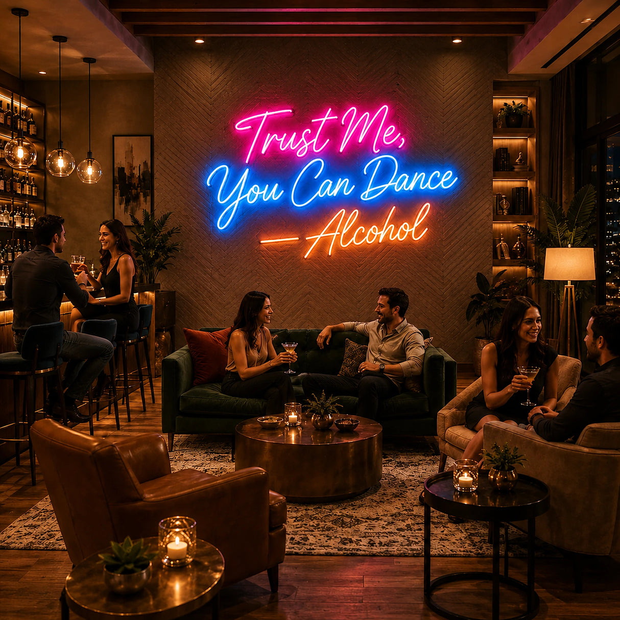 Trust Me You Can Dance LED Neon Sign displayed in a party room setting