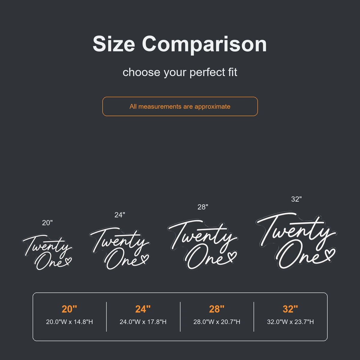 Twenty One heart neon sign size comparison from 20 to 32 inches