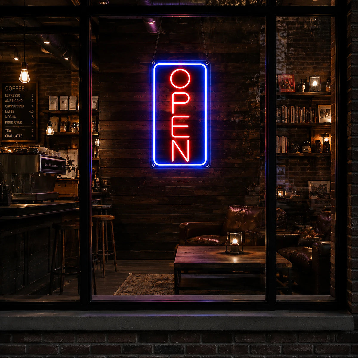 Vertical open LED neon sign glowing in a narrow shop window