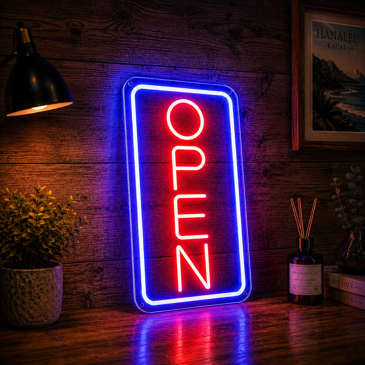 Vertical open neon sign shown lit at night on a retail entrance