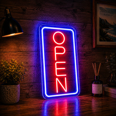 Vertical open neon sign shown lit at night on a retail entrance