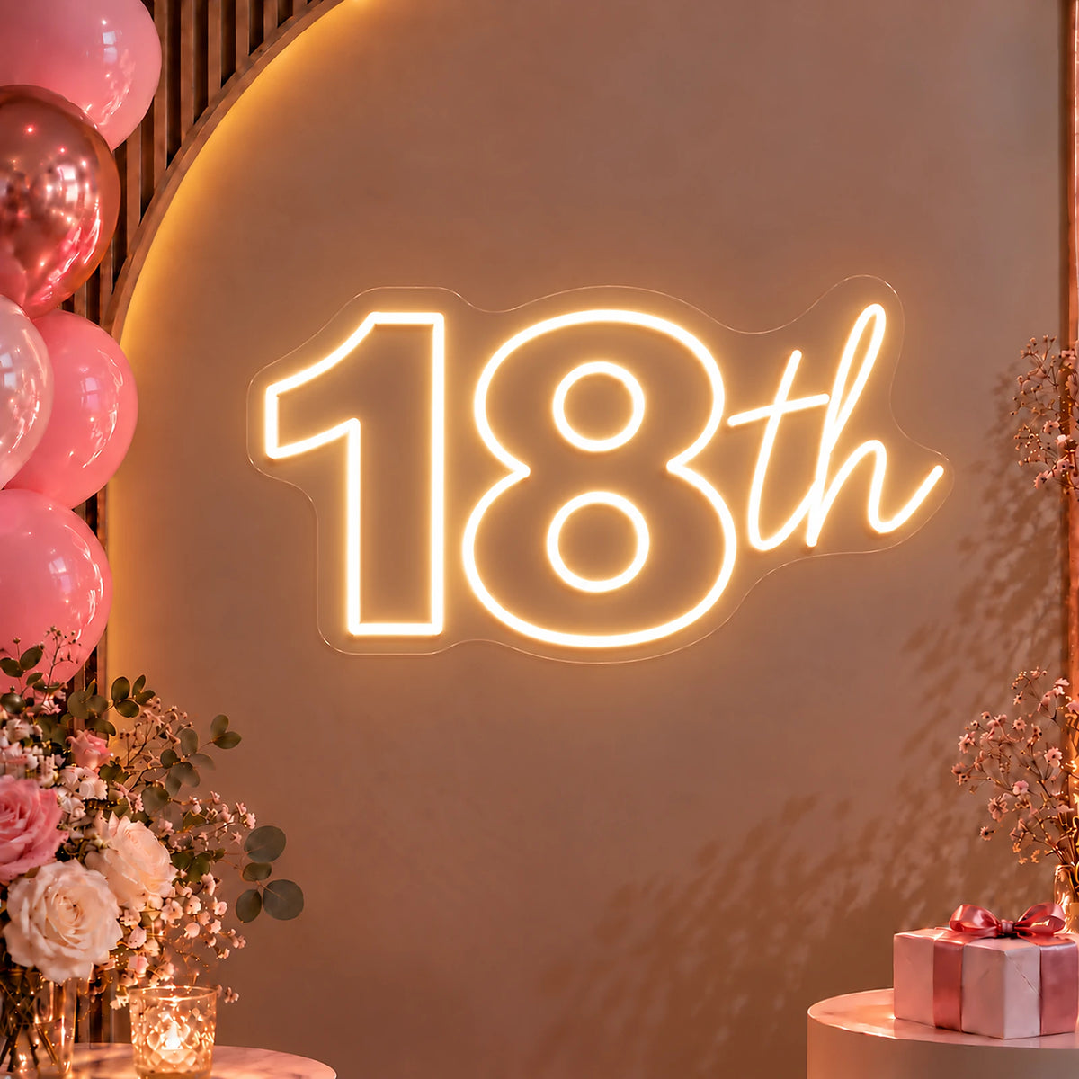 Warm white 18th birthday neon sign with pink balloons