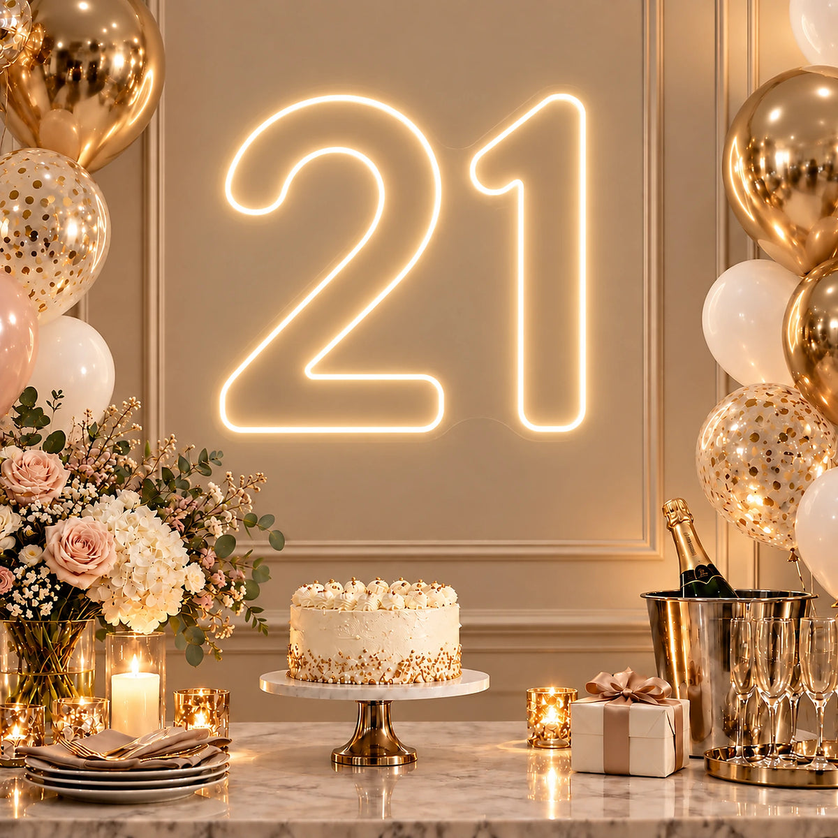 Warm white 21st birthday number neon sign with gold party décor