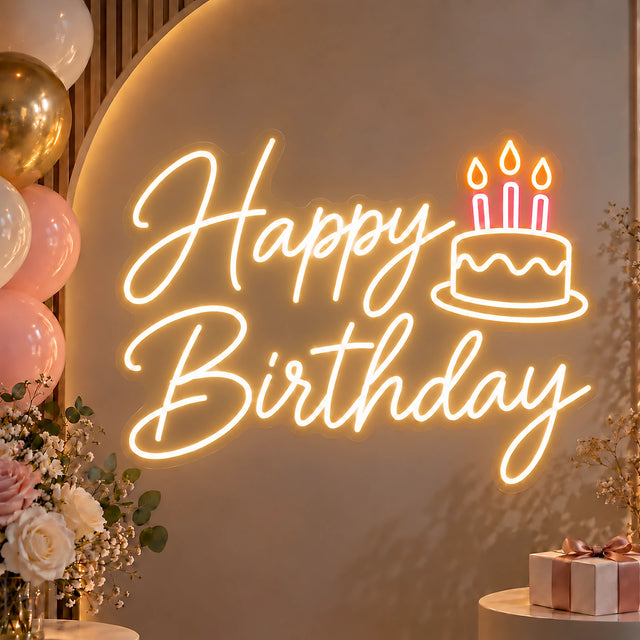 Warm white Happy Birthday cake neon sign on a party backdrop