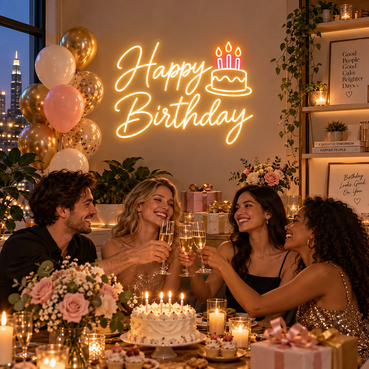 Warm white birthday cake neon sign with candles