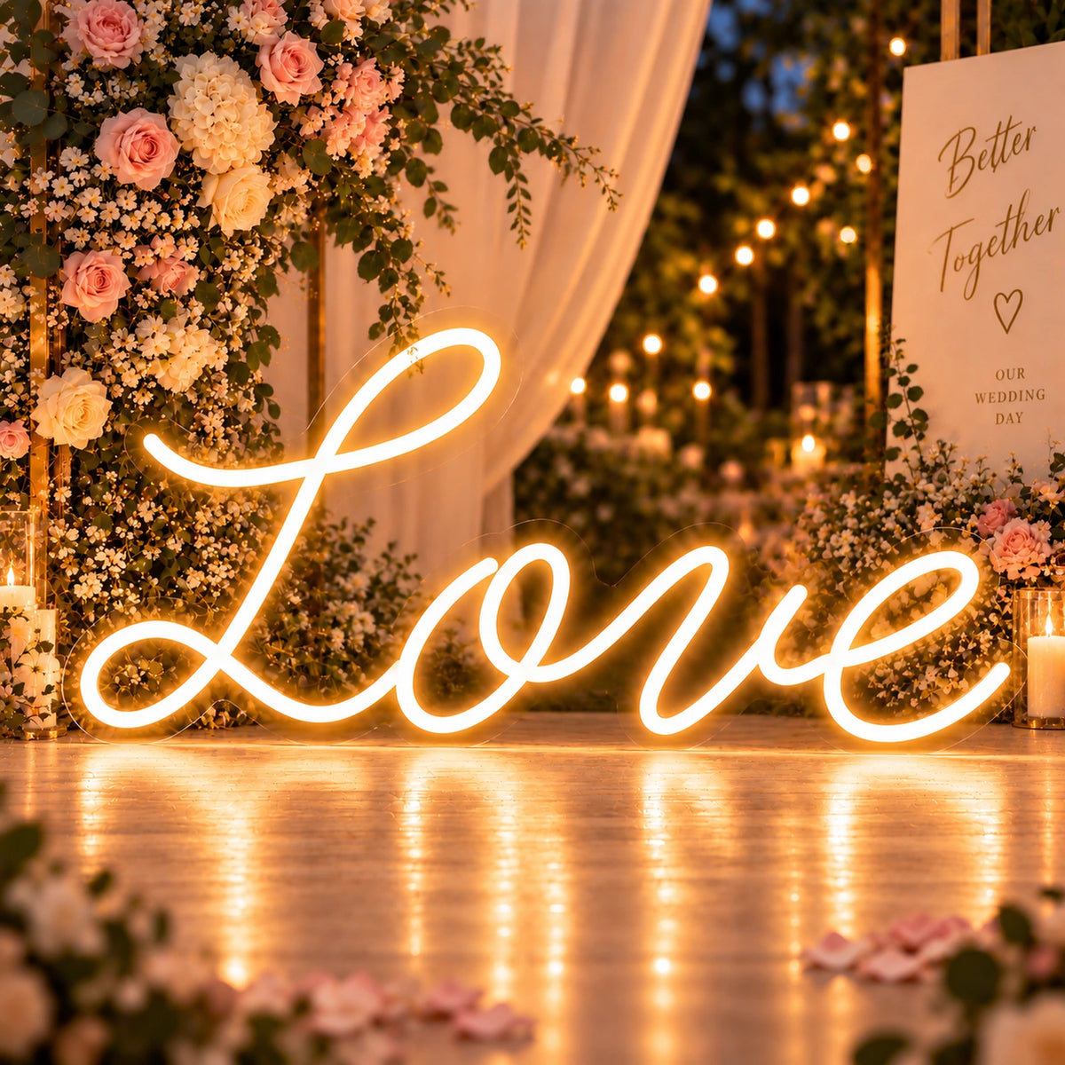 Warm white cursive Love neon sign on a floral wedding reception backdrop