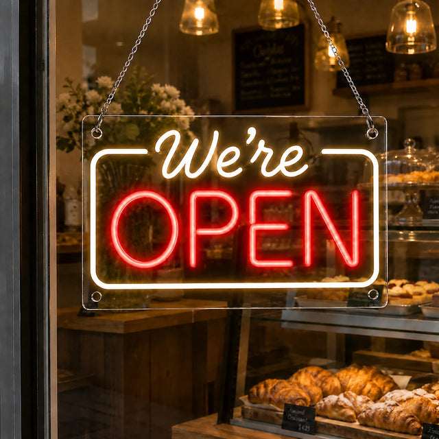 Come In We're Open neon sign in a bakery window