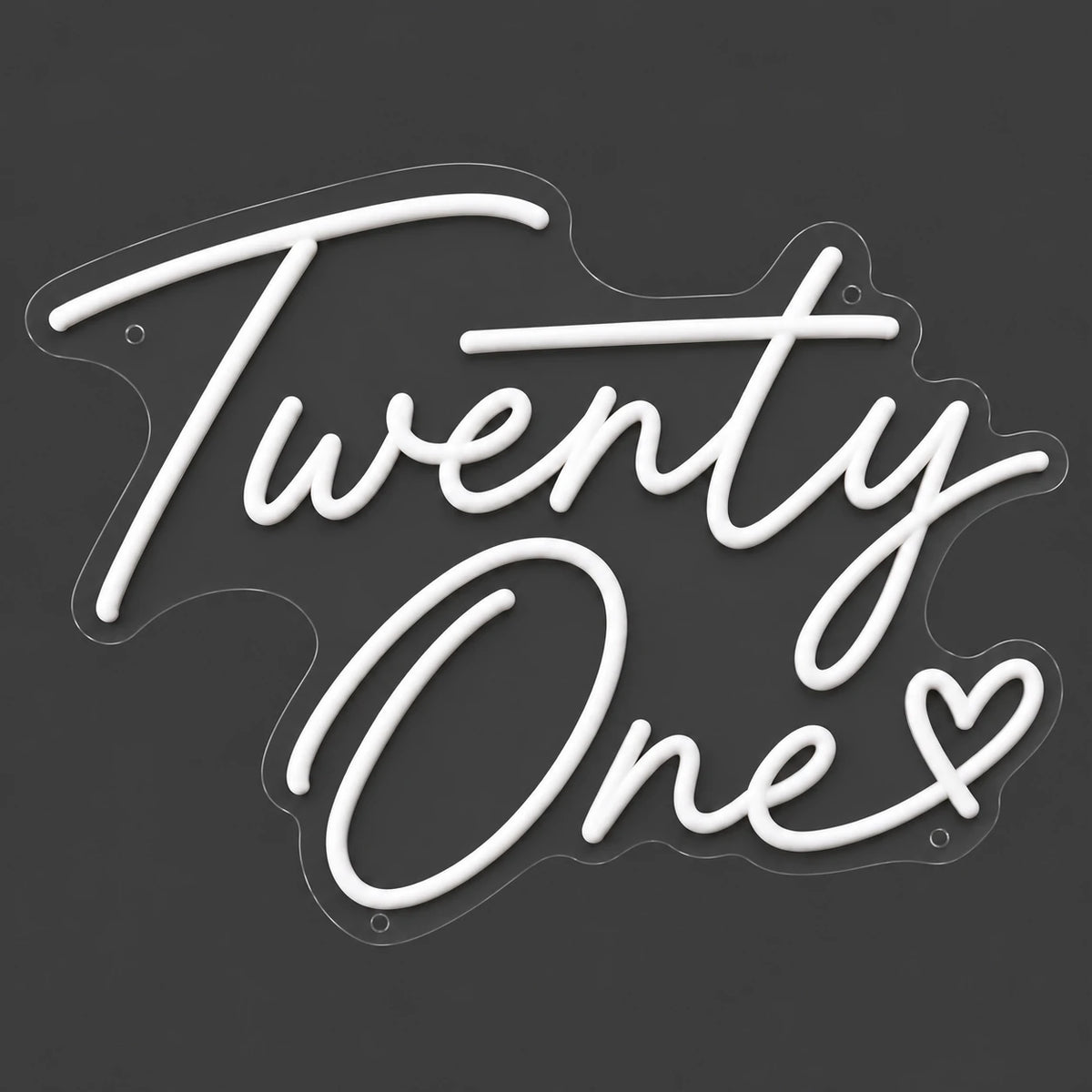 White Twenty One neon sign lit on a dark gray background