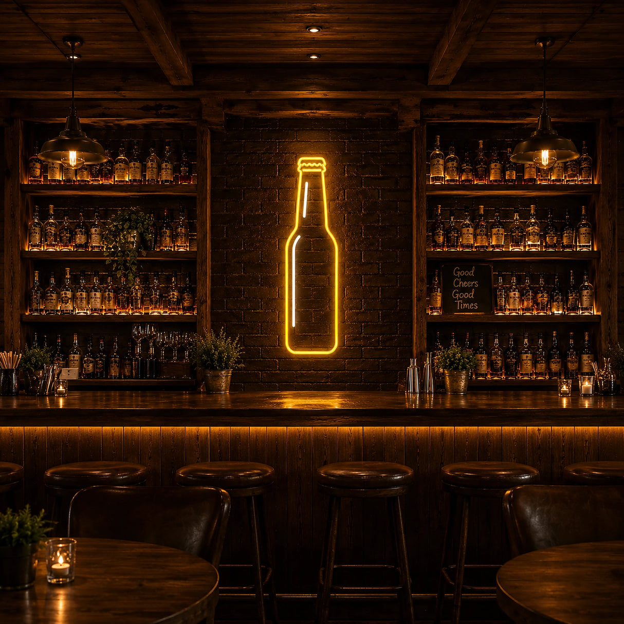 Beer Bottle LED Neon Sign displayed in a beer bar setting