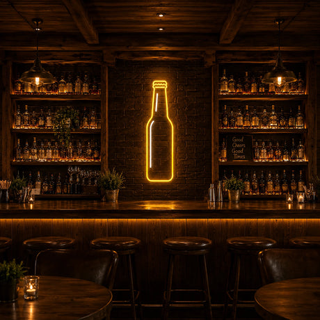 Beer Bottle LED Neon Sign displayed in a beer bar setting