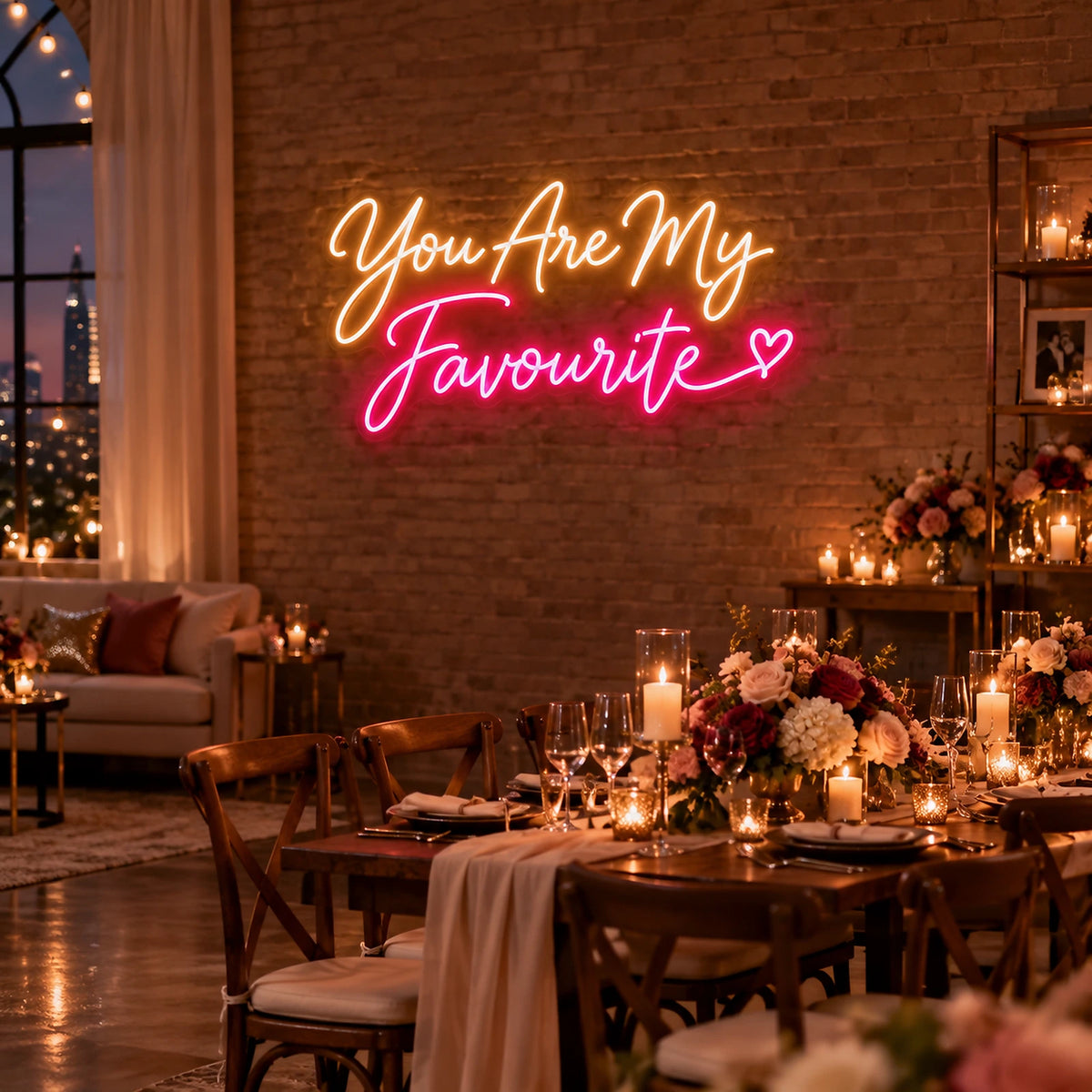 You Are My Favourite neon sign on a wedding reception wall